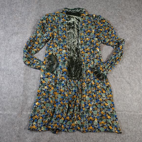 Anna Sui Dress Womens 4 Mini Silk Velvet Trim Patterned Textured Green Long Slv - Picture 7 of 11
